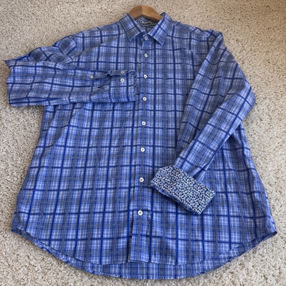 Bugatchi Plaid Button Down Mens XXL Blue Excellent Shaped Fit Floral Trim